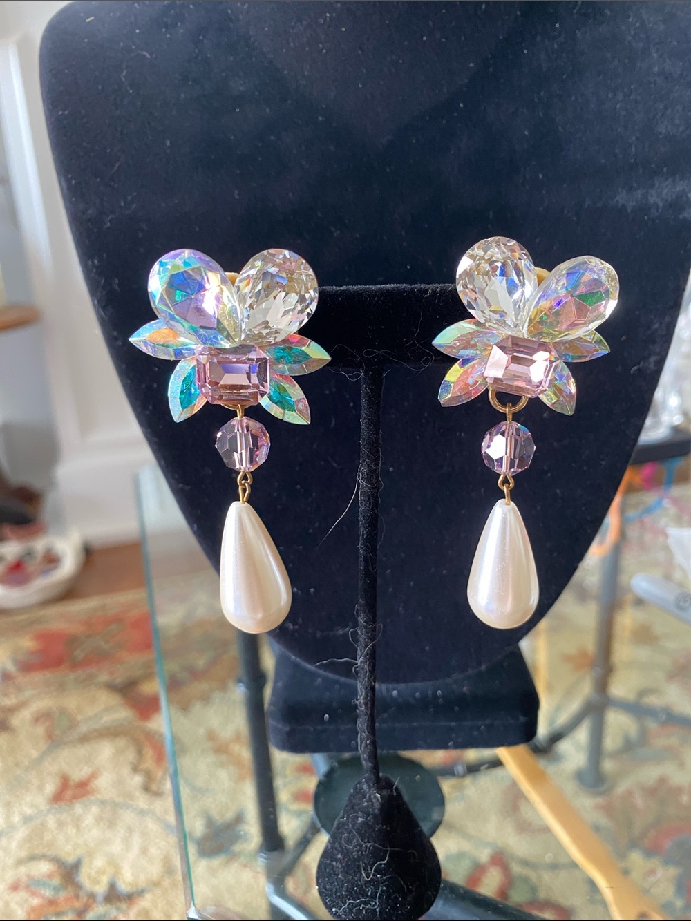 Iridescent Crystal Flower Drop Earrings with Pearl Teardrops - Pink